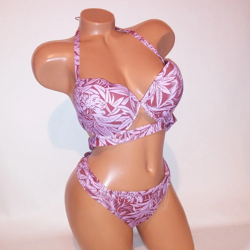 Victoria Secret Swim Bikini 38C Top XL Bottom Purple Ginger Push Up Floral New